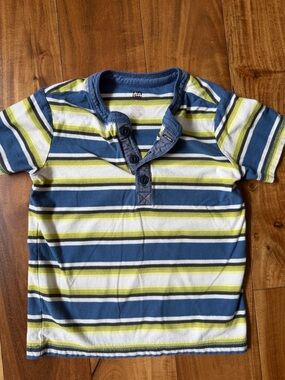 Tea Collection Blue, White & Lime Striped Henley Tee
